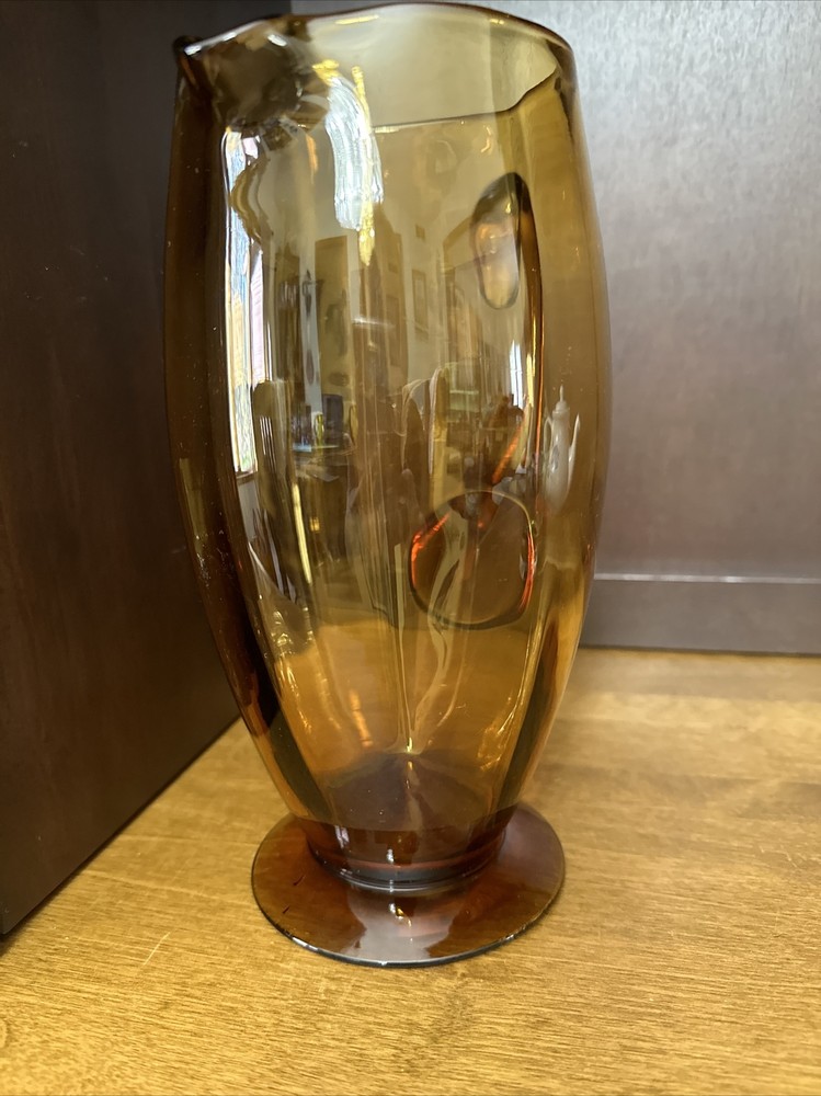Glass Handled Pitcher Amber Honey Optic Panel 9.5”
