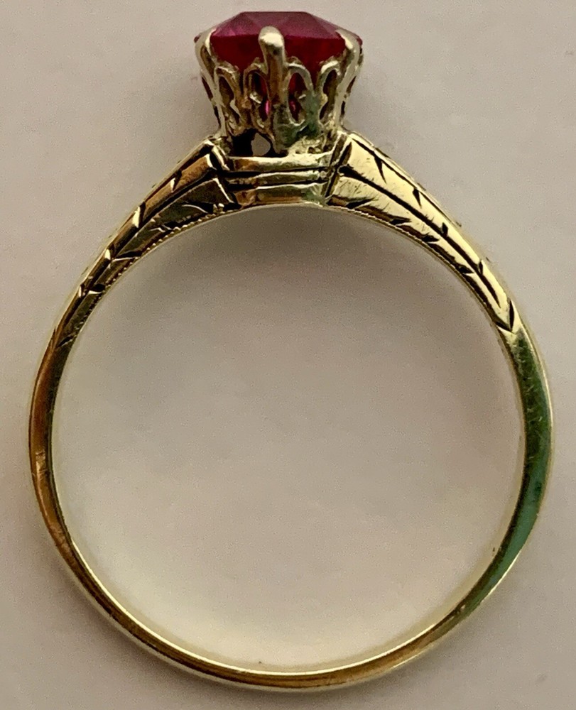 Ruby Ring, Solid 14k Yellow Gold Estate, Vintage, Antique, .90 ctw, Lab Created