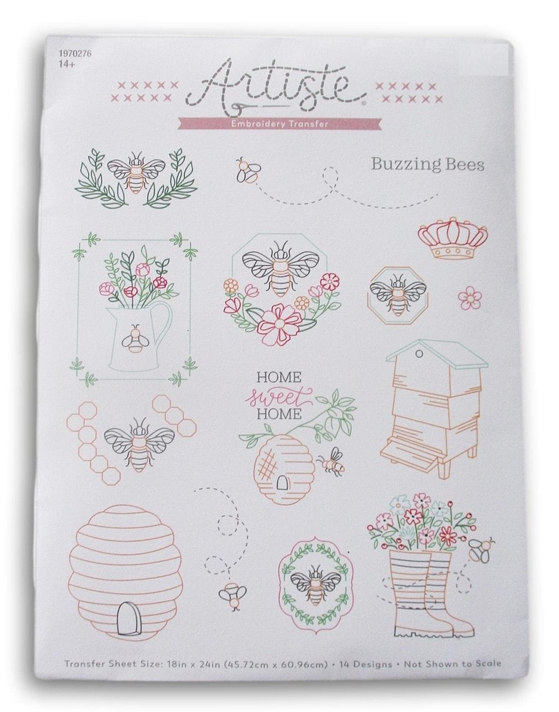 Buzzing Bees Embroidery Transfer Pattern - 18 x 24 Inch Featuring 14 Designs