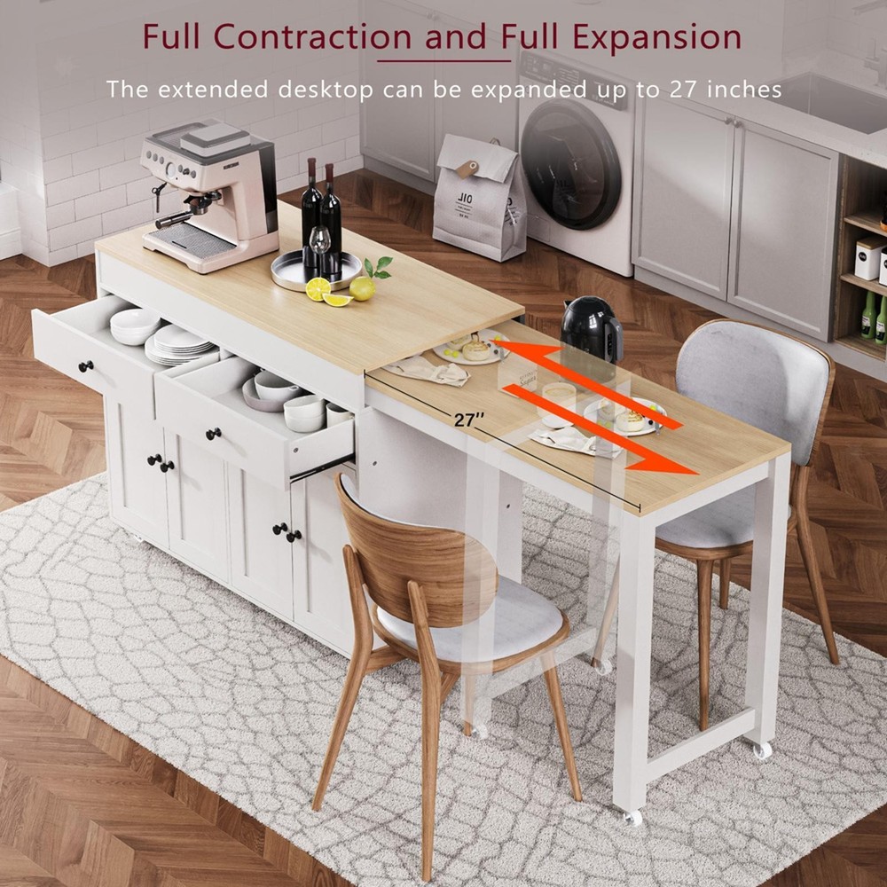74.5 inch Kitchen Island with Extendable Dining Table , Rolling Kitchen