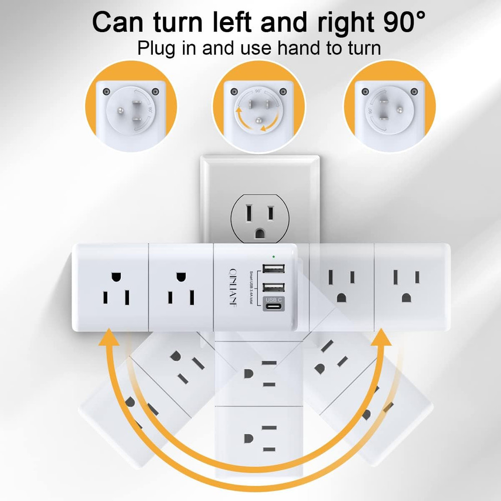 USB Outlet Extender Surge Protector - Rotating Plug, 3-Sided Swivel Power Strip