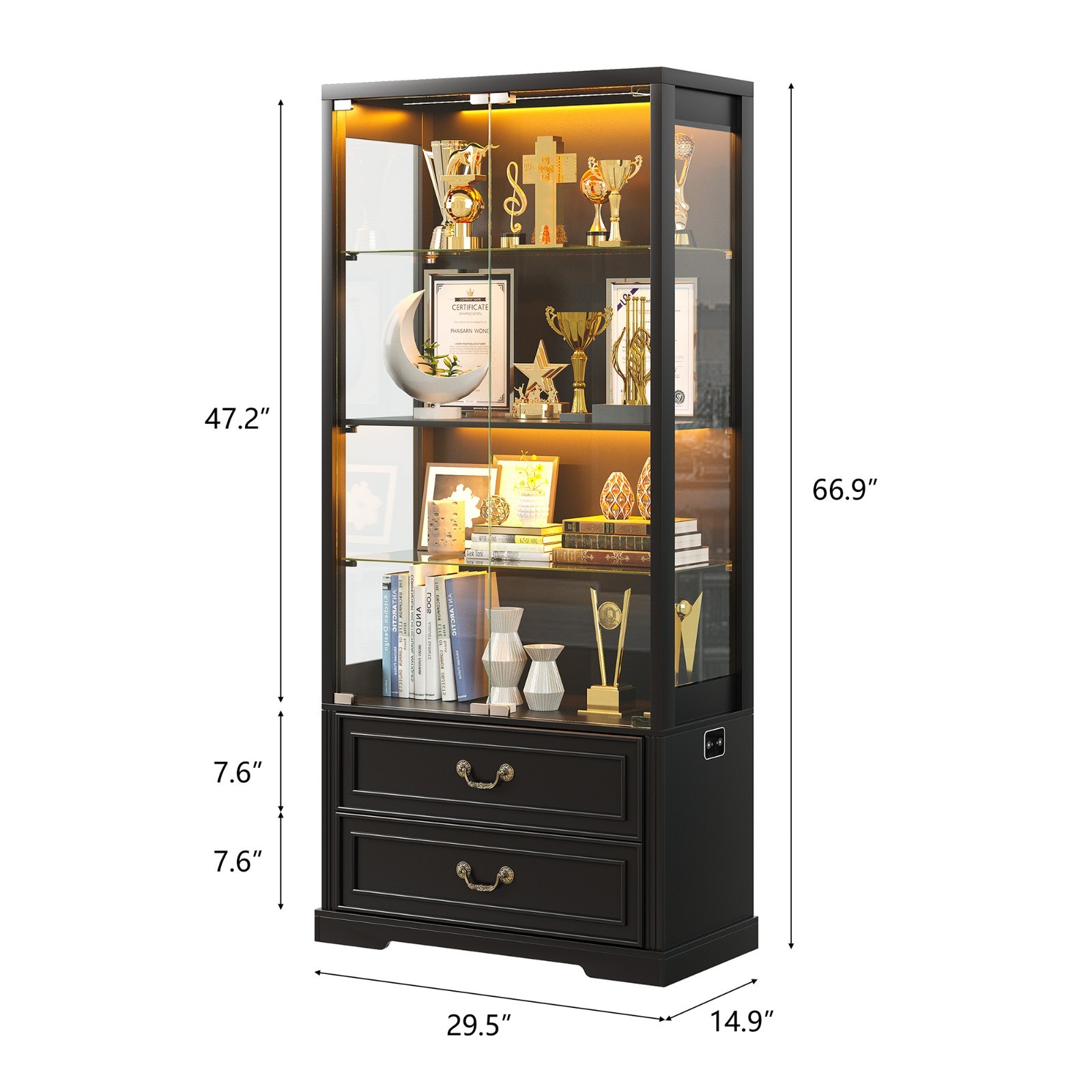 Display Cabinet with Adjustable Glass Shelves & LED RGB Lights for Collectibles