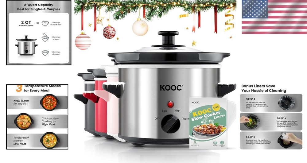 Compact Ceramic Slow Cooker, 2 Quart with Adjustable Temp & Free Liners Included