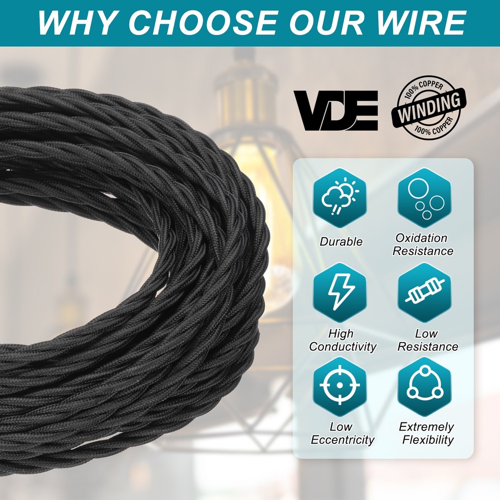 32.8Ft 18/3 Twisted Cloth Covered Wire, Black
