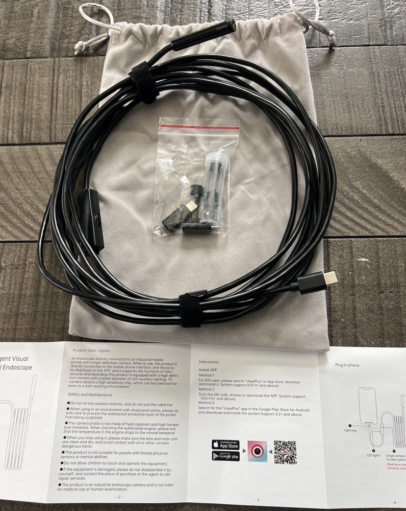 Inspection Camera 6 LED 1920p App- IOS/Android Endoscope Borescope Working EUC