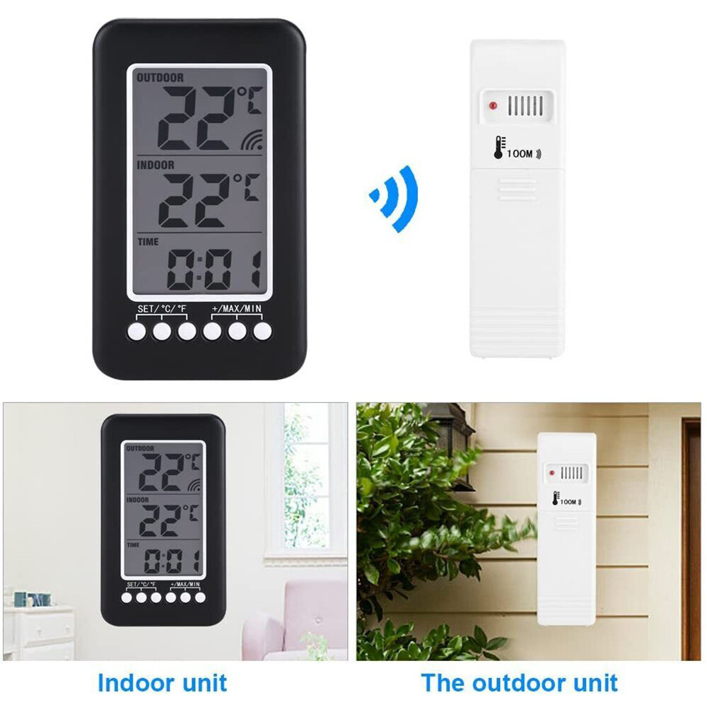 Digital Thermometer Clock Indoor/Outdoor Wireless Temperature Transmitter Meter
