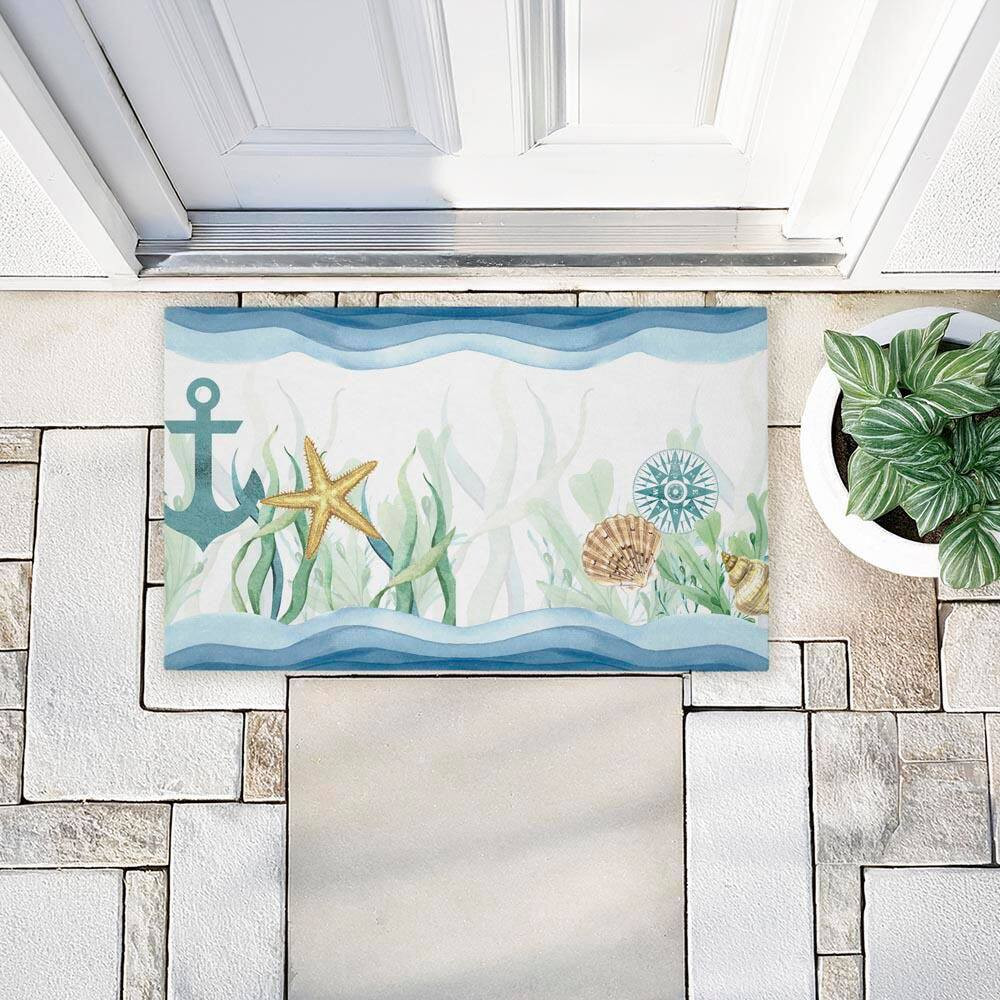 Bayside Sea Life & Waves Blue 18 In. X 30 In. Polyester Non-Slip Outdoor Door Ma
