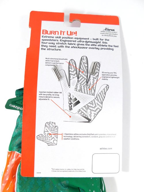 adidas 5 Miami Hurricanes Issued Miami Dipped Football Gloves Forest/Forest 3XL