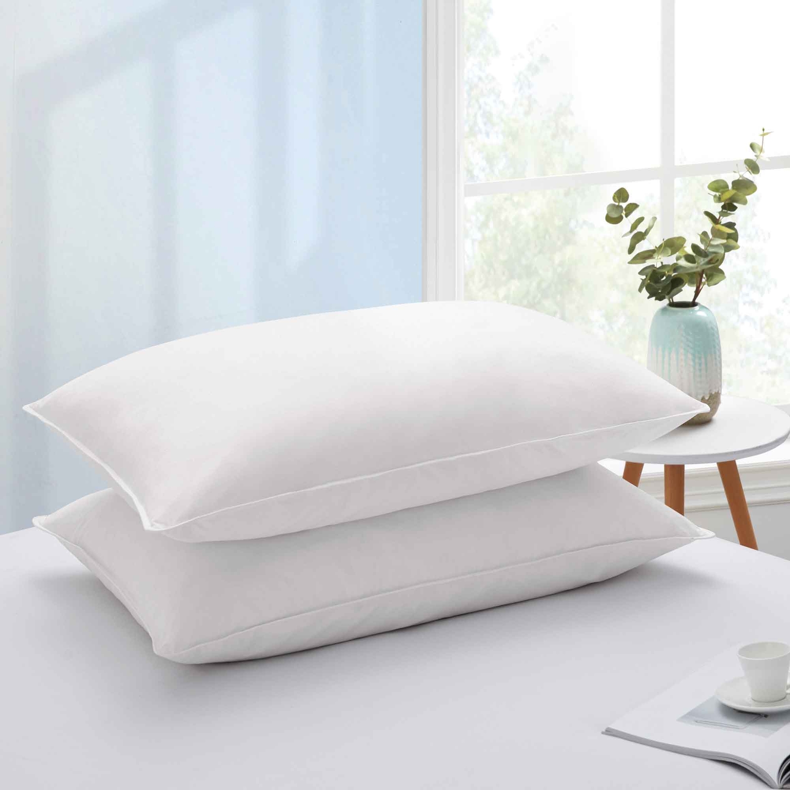 2 Pack White Goose Feather Bed Pillows Side and Back Sleepers Cotton Cover