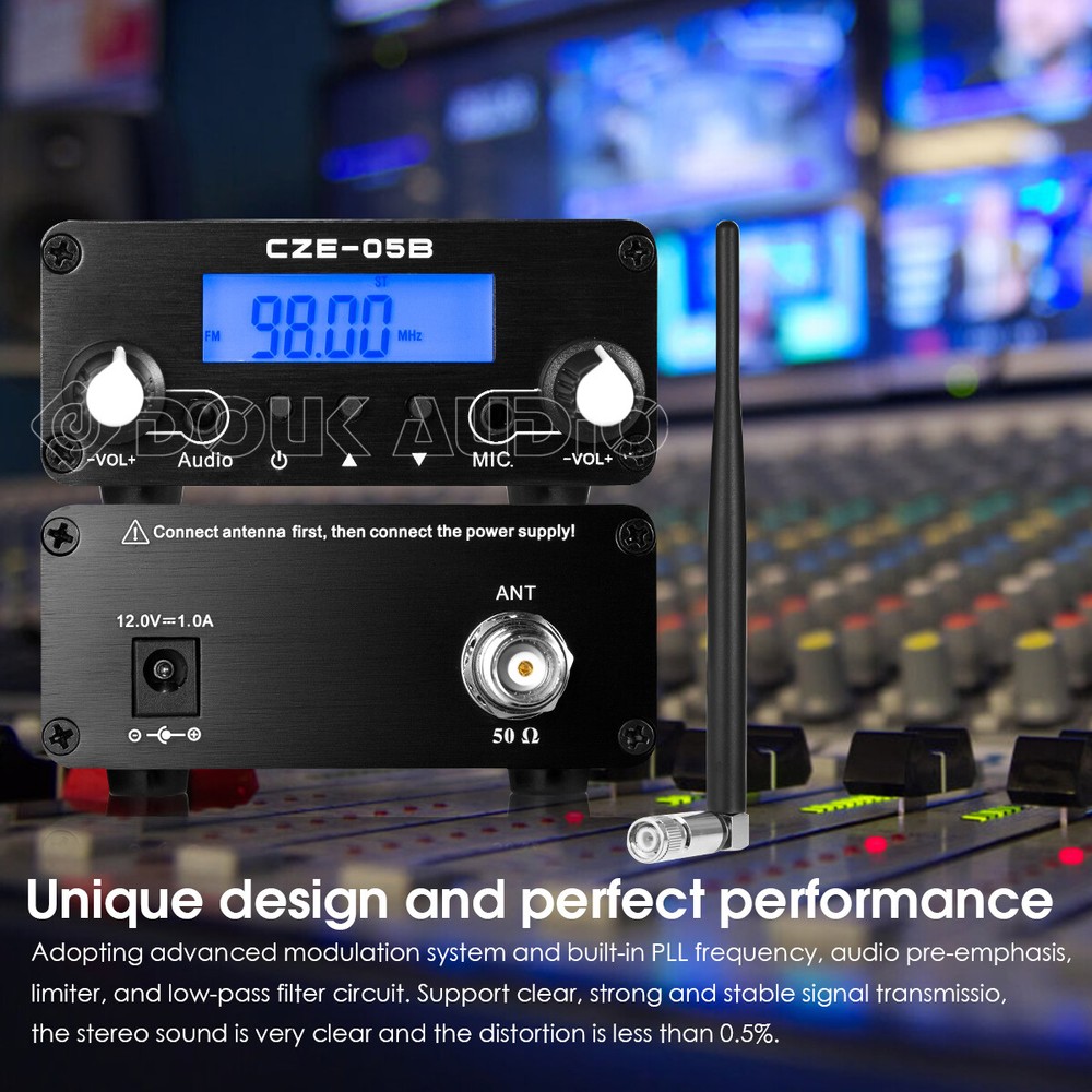 FM Transmitter 0.5W 76MHz~108MHz AUX+MIC Stereo Broadcast Station w/LCD Display