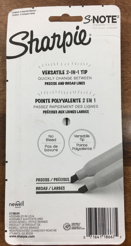Sharpie S•note 6 Ct Creative Marker Precise And Broad Lines ~ 2-in-1 Chisel Tip