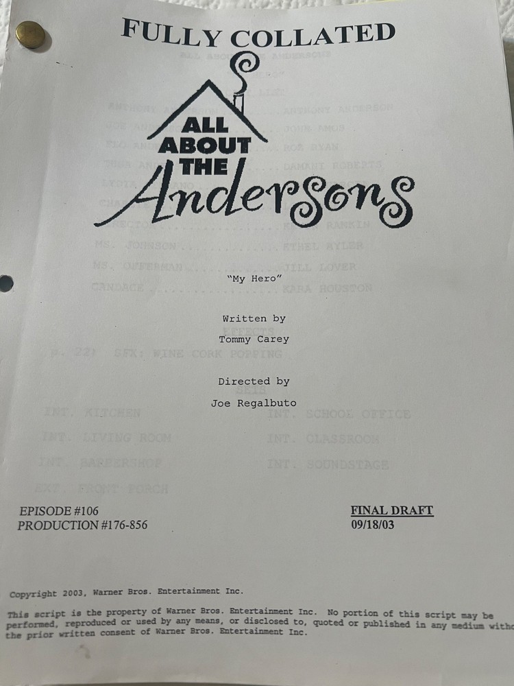 All about the Andersons, "My Hero" Script  Screenplay Anthony Anderson 2003 TV