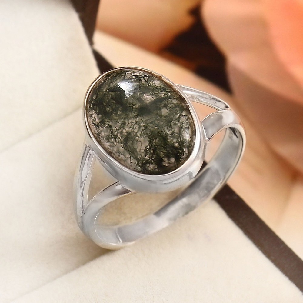 Solid 925 Sterling Silver Natural Moss Agate Oval Gemstone Handmade Band Ring