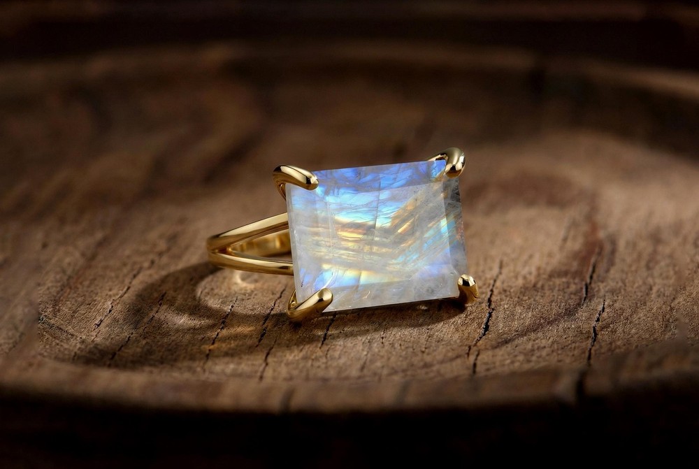 Sterling Silver Moonstone Ring Rainbow Rectangle Cut Birthstone Gift