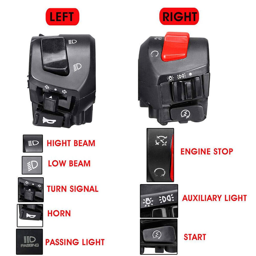 7/8" Universal Motorcycle 22mm Handle bar Switch Gear Control Light Indicator #