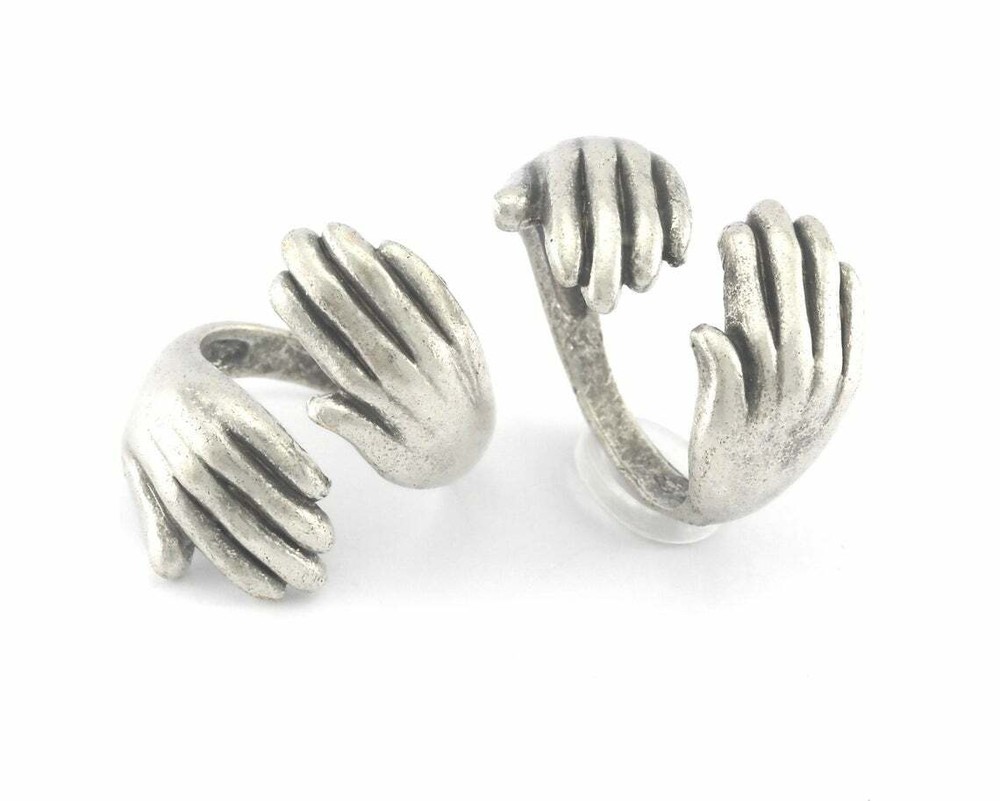 Hands Statement Ring Adjustable Antique silver plated 9US - 11US inner size 4007