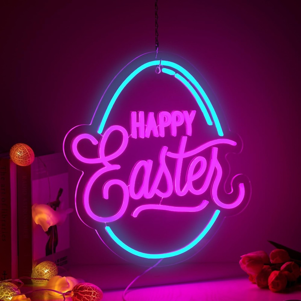 Baquler Easter Neon Sign for Wall Decor Egg Happy Easter LED Neon Light Windo...