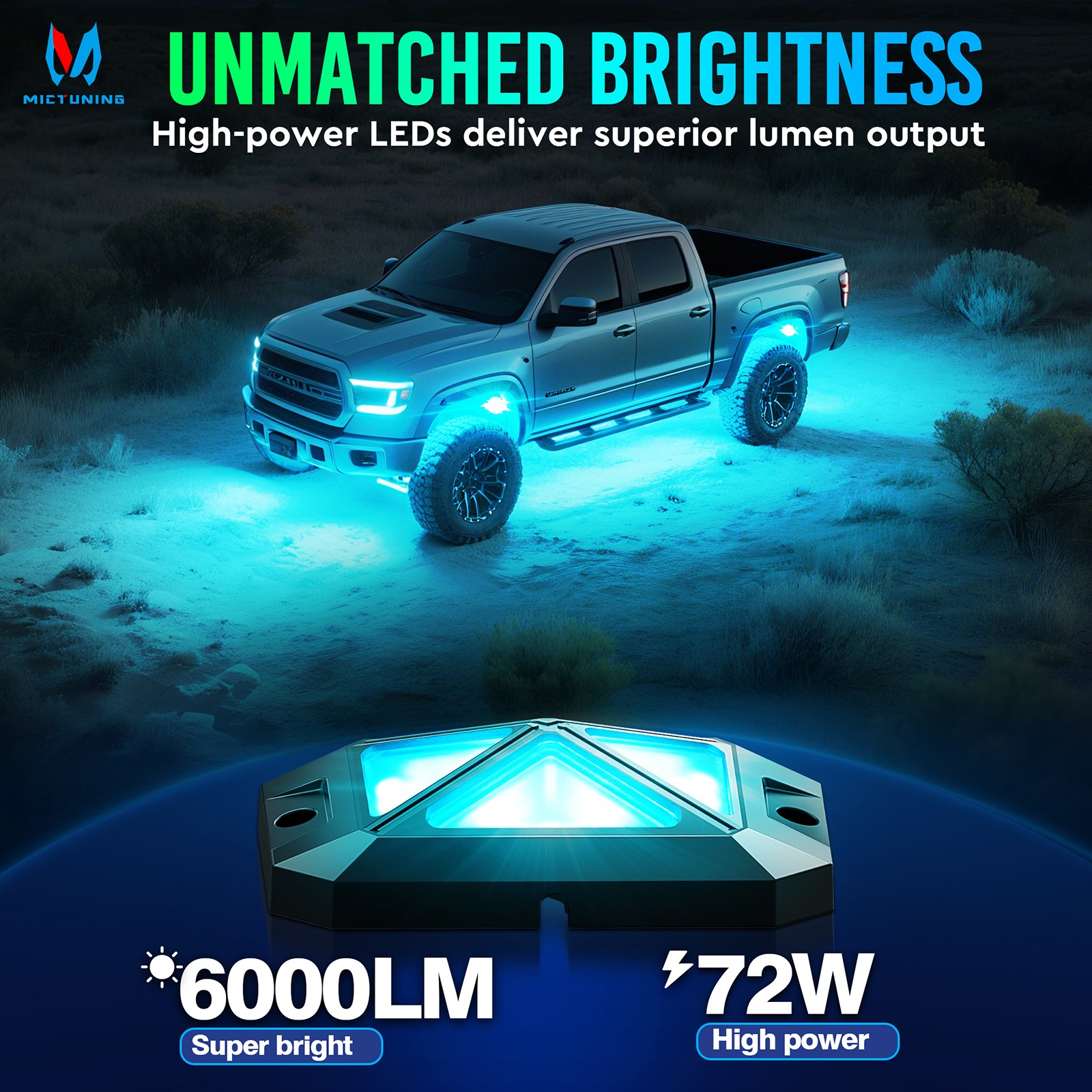 MICTUNING C4 RGBW LED Rock Light,12-Pods Car Underglow Neon Accent Light LED Kit