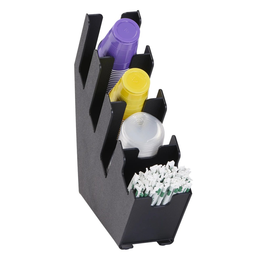 Dispense-Rite Black Polystyrene 4-Section Slim Cup, Lid & Straw Organizer