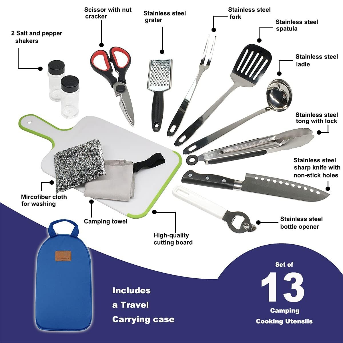 13-Piece Camp Utensil Set Portable BBQ Kitchen Cooking Compact Gear Cookwear