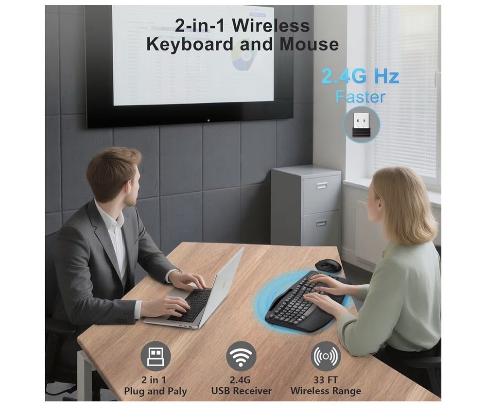 Wireless Keyboard and Mouse Combo, 2.4G Full Size Wave Keys Ergonomic