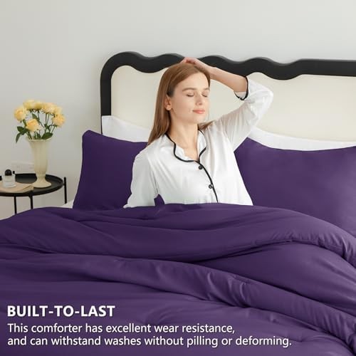 Comforter Set 3 Pieces Solid Comforters Size Breathable Quilted Queen Purple