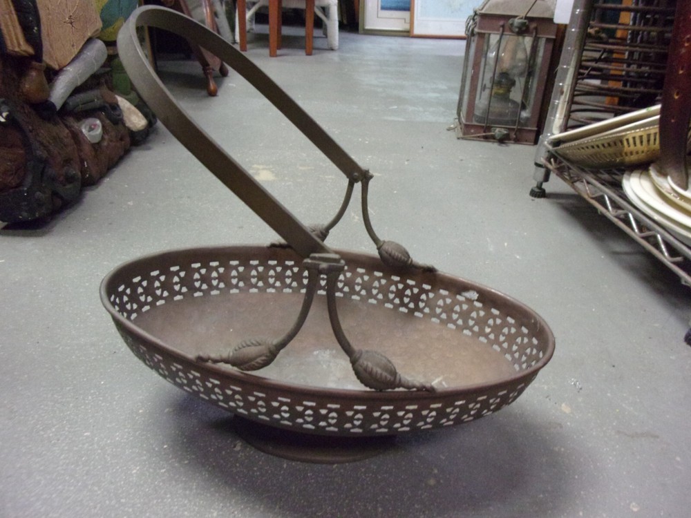 Rare Hand Hammered Copper Bronze open work handled basket
