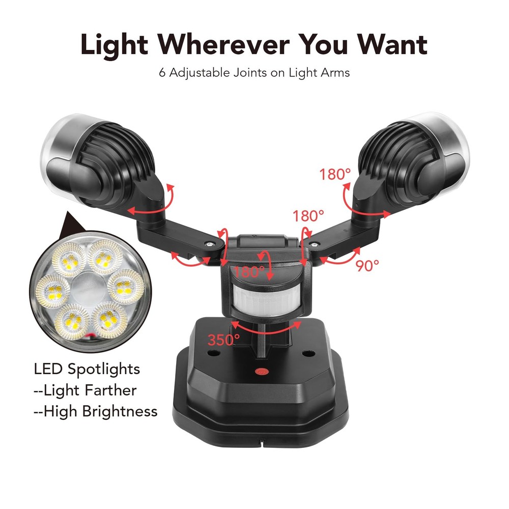 OREiN Motion Sensor Outdoor Security Light, Adjustable 2 Heads, Black