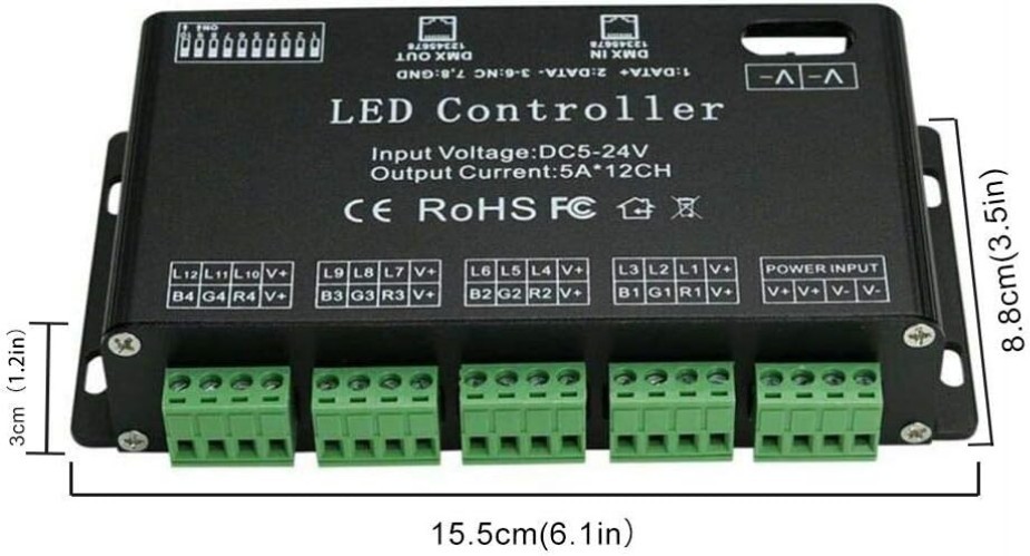Professional RGB LED Light Controller - 12 Channels DMX512 Decoder Dimmer Driver