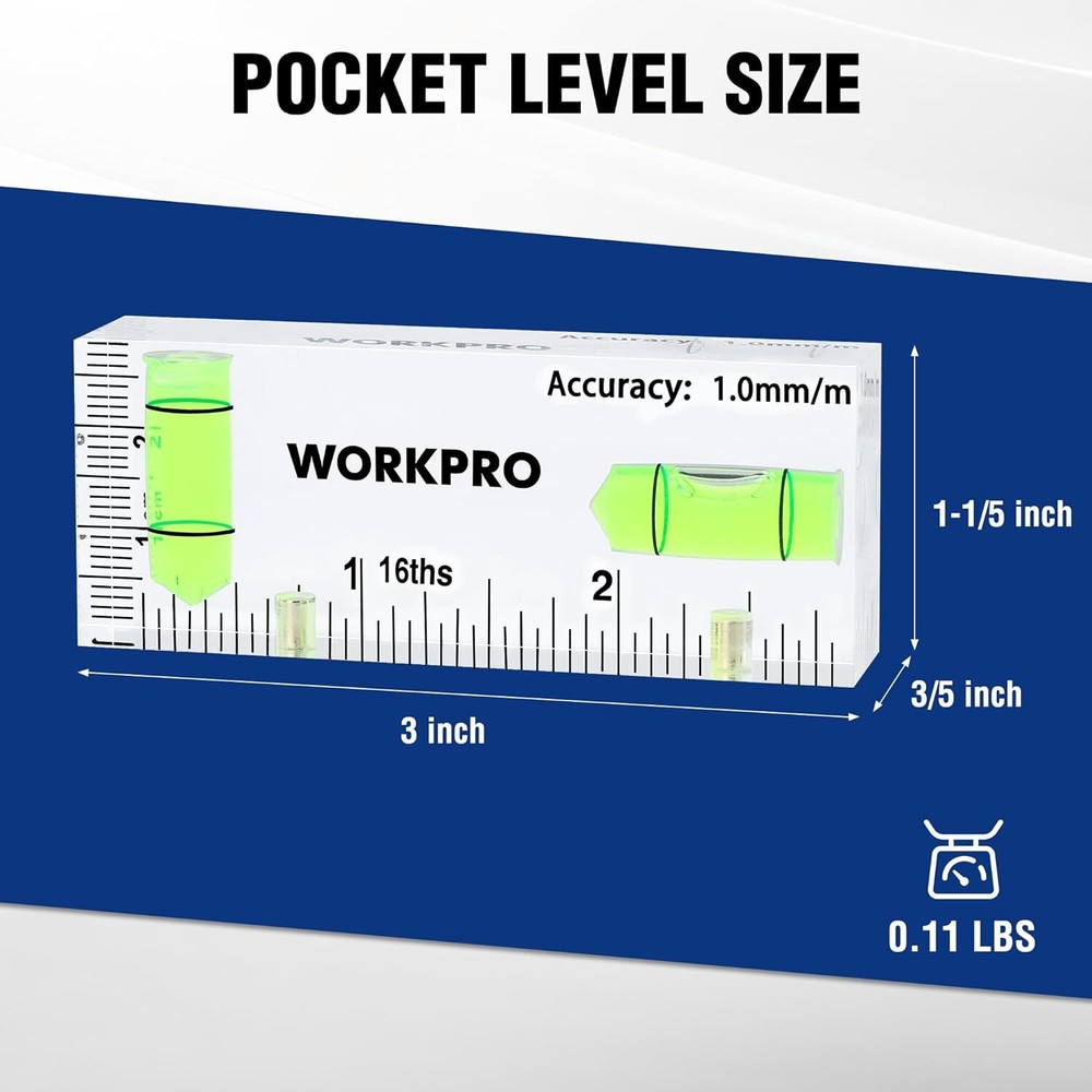 WORKPRO Small Level 3 Inch Mini Level Tool 2 Bubbles 90°/180° Hanging Tool USA
