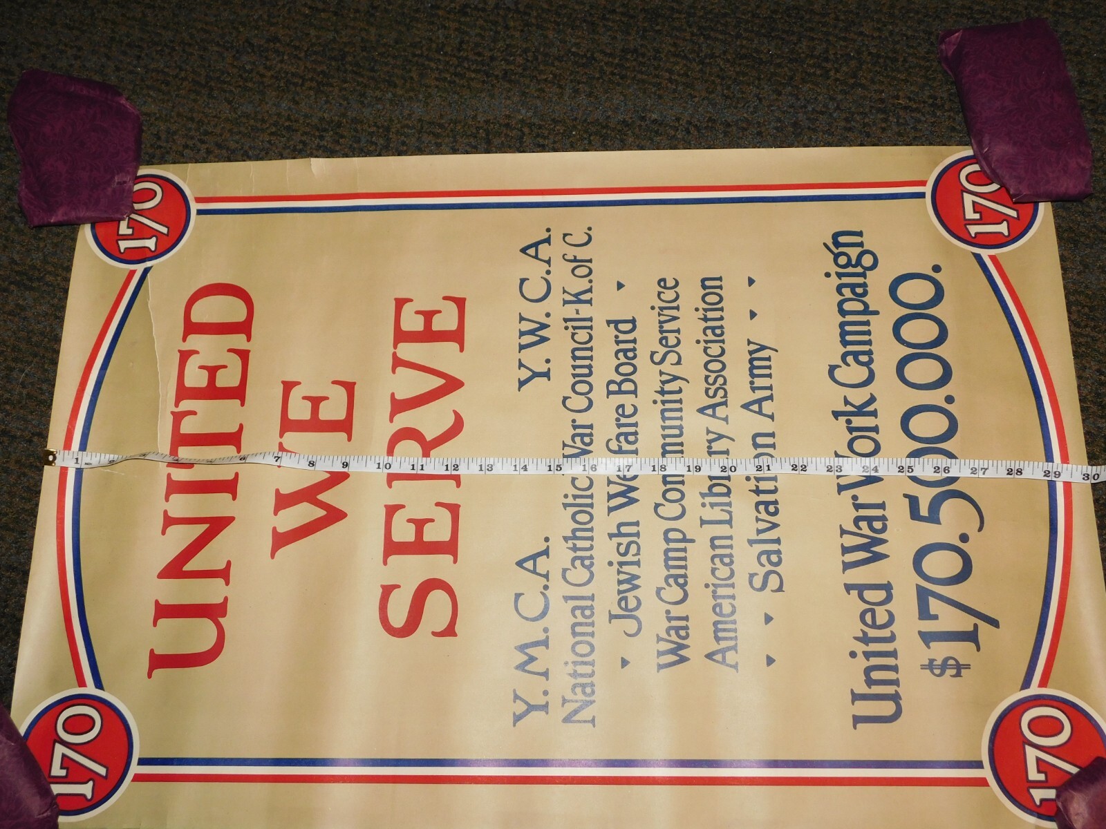 VINTAGE WWI WORLD WAR 1 UNITED WE SERVE YMCA YWCA WAR WORK CAMPAIGN 170 POSTER