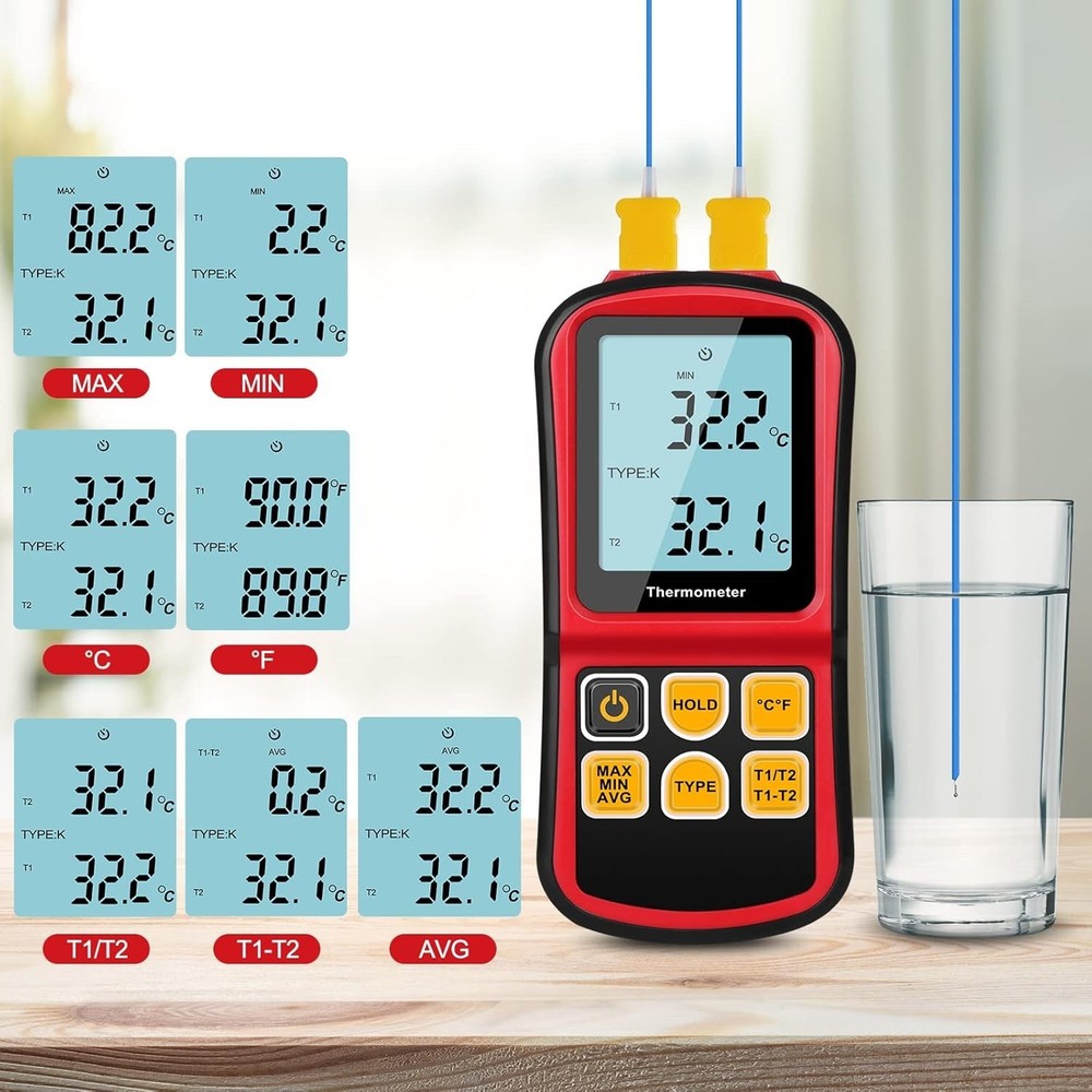 Compact Dual Probe Thermometer with K-Type Thermocouple Wire