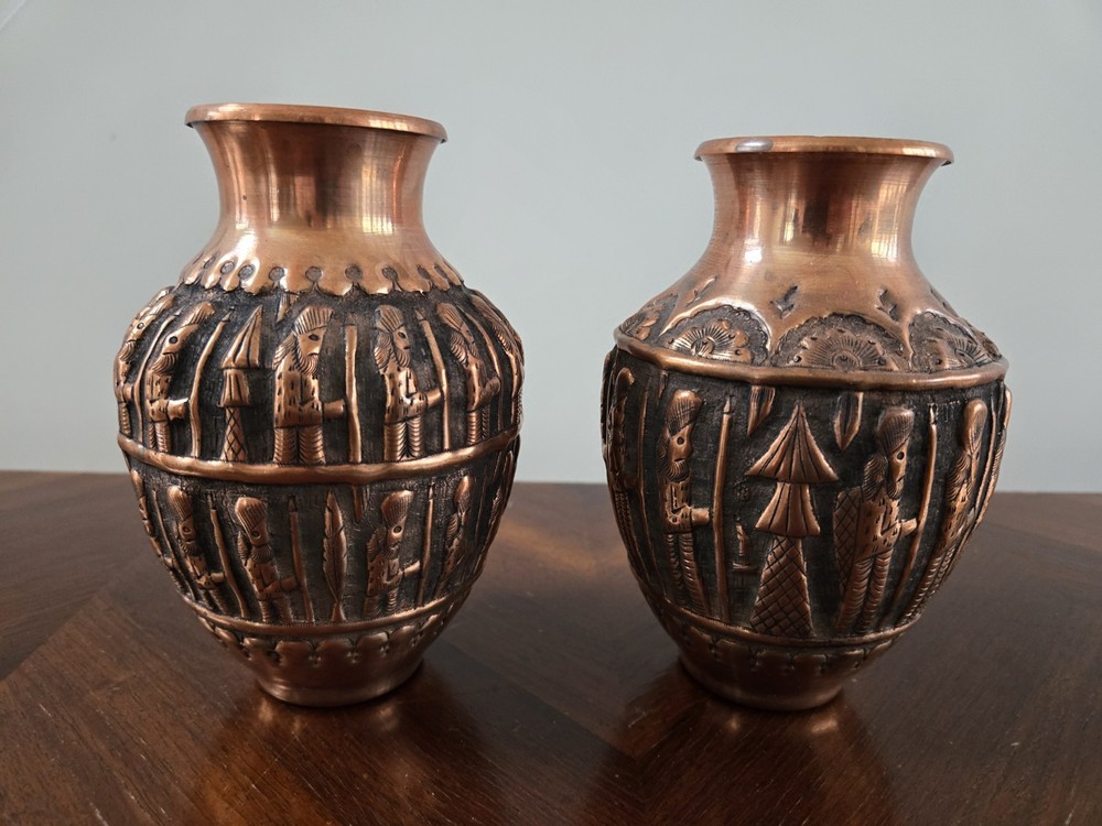 2 Vintage Persian or Middle Eastern Repousse Copper Vases