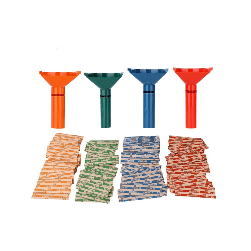 Coin Counters & Coin Sorters Bundle 4 Color-Coded Tubes/100 Assorted Wrappers