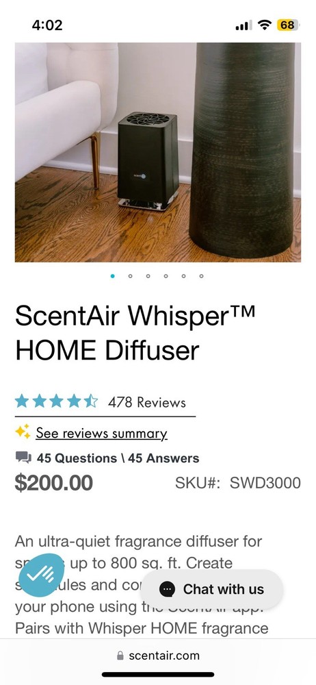 (NEW) ScentAir Whisper Home Smart Diffuser Black Wi-Fi & Bluetooth w/ LED Light