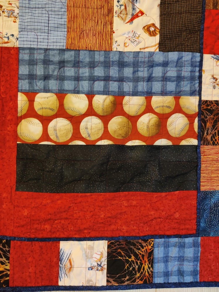Patchwork Quilt Throw Blanket Handmade Machine Stitched/Baseball Theme 65x79