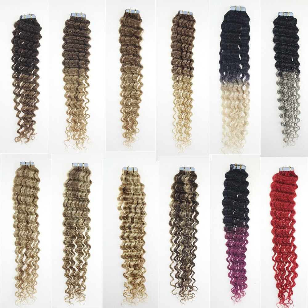 Invisible Tape in Hair Extensions 100% Human Hair Balayage Curly Skin Weft 18in
