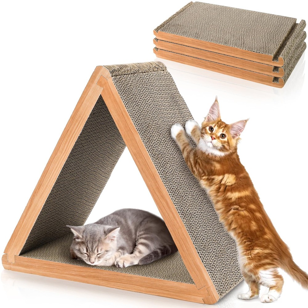 3-Sided Vertical Cat Scratching Post, Cat Scratcher Foldable, Triangle Cat Sc...