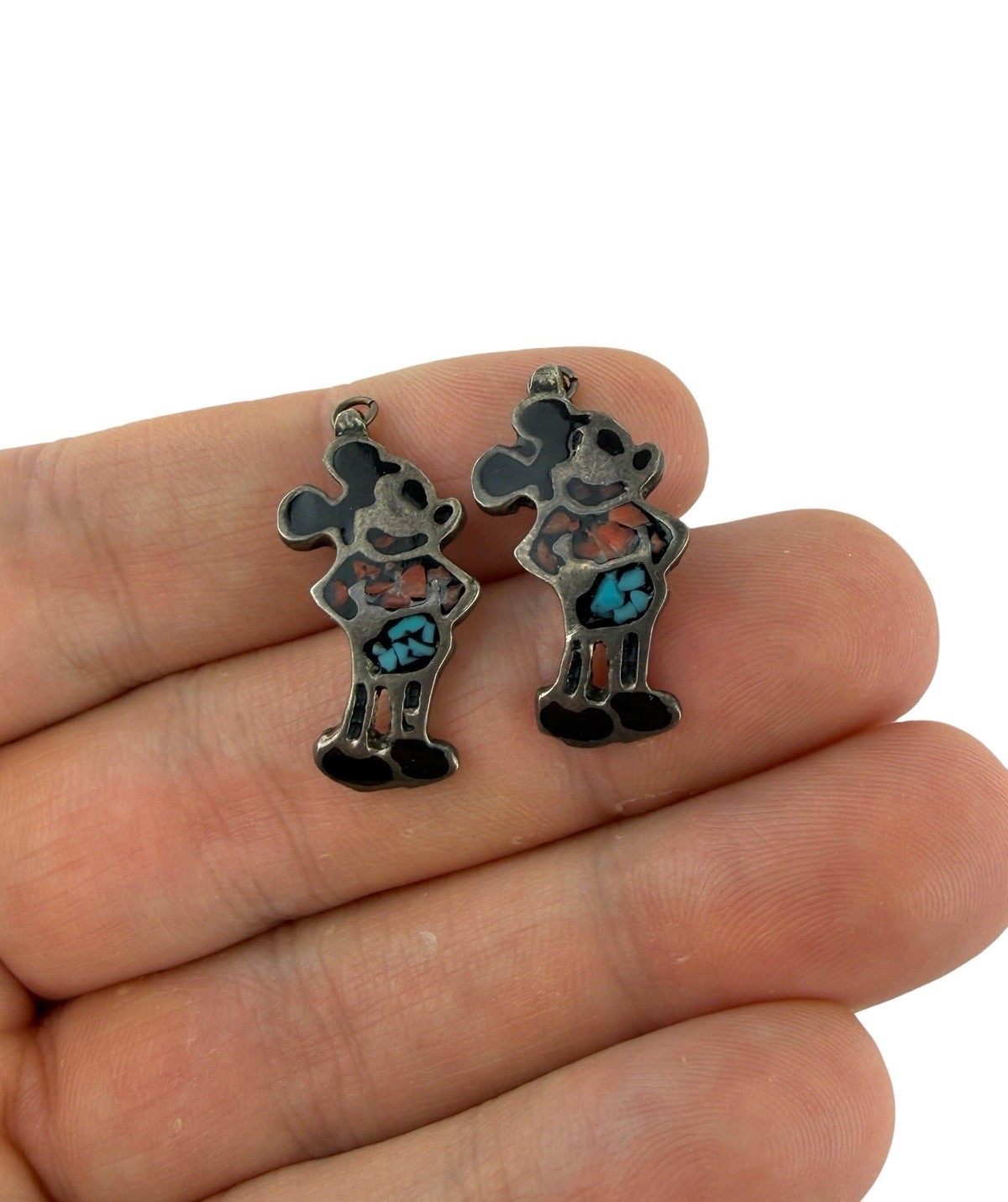 Vintage Mickey Mouse Sterling Silver Onyx/Coral Turquoise Ring & 2 Pendants