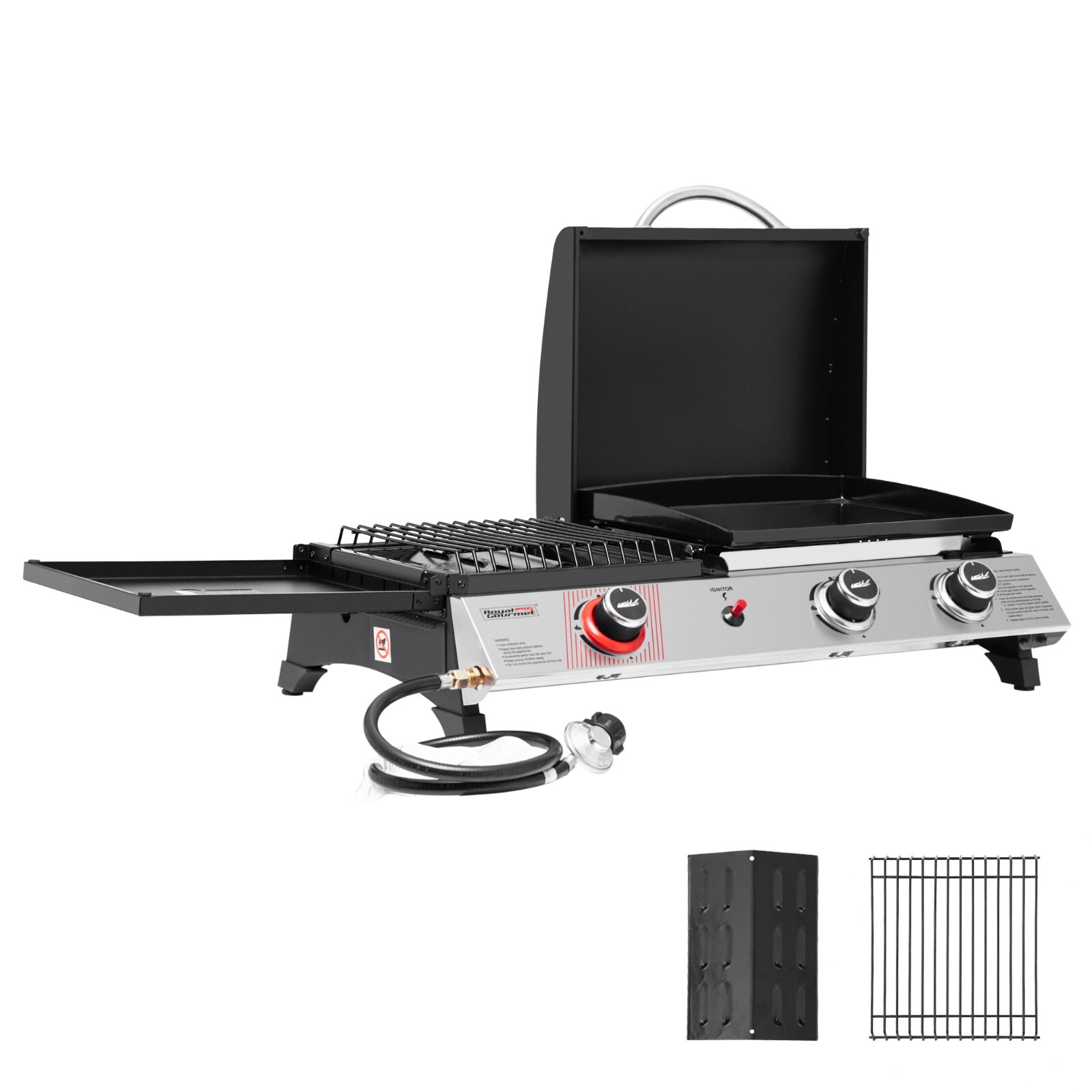 Royal Gourmet 3-in-1 Portable Gas Griddle with Side Burner and Lid for Outdoor
