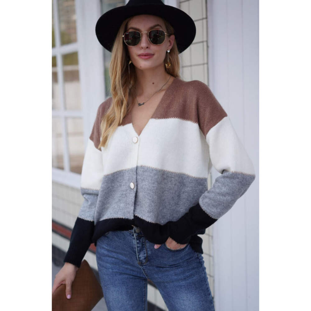 Color Block V-Neck Button Down Cardigan