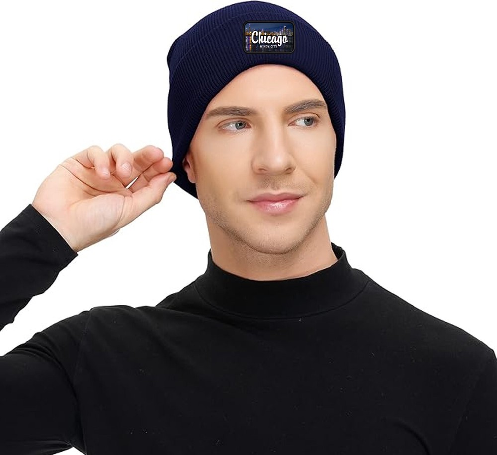 Chicago Skyline Windy City Patch Cuffed Knit Hat Navy