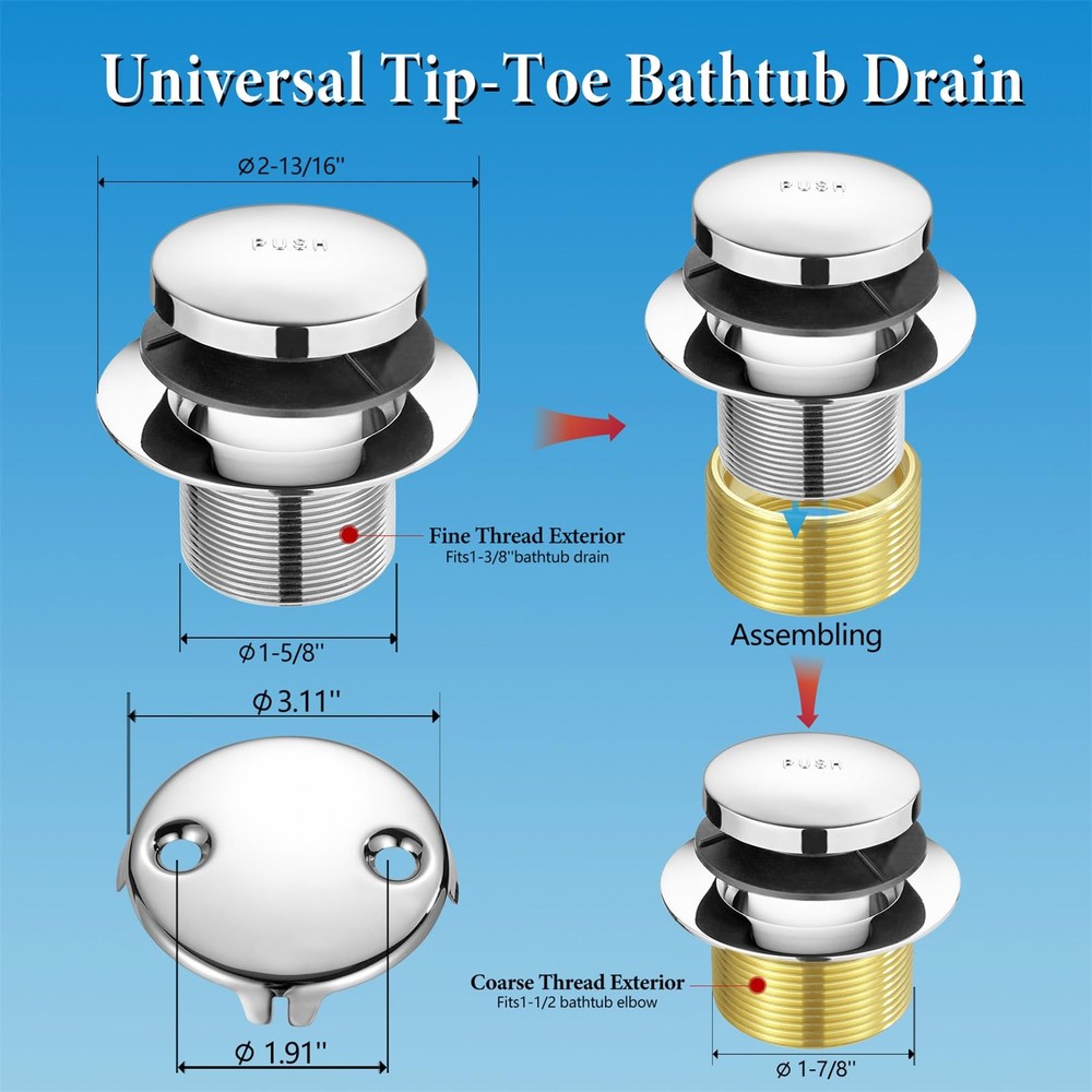 Tip Toe Bathtub Drain Conversion Kit Assembly, Tub Plug Chrome Plated