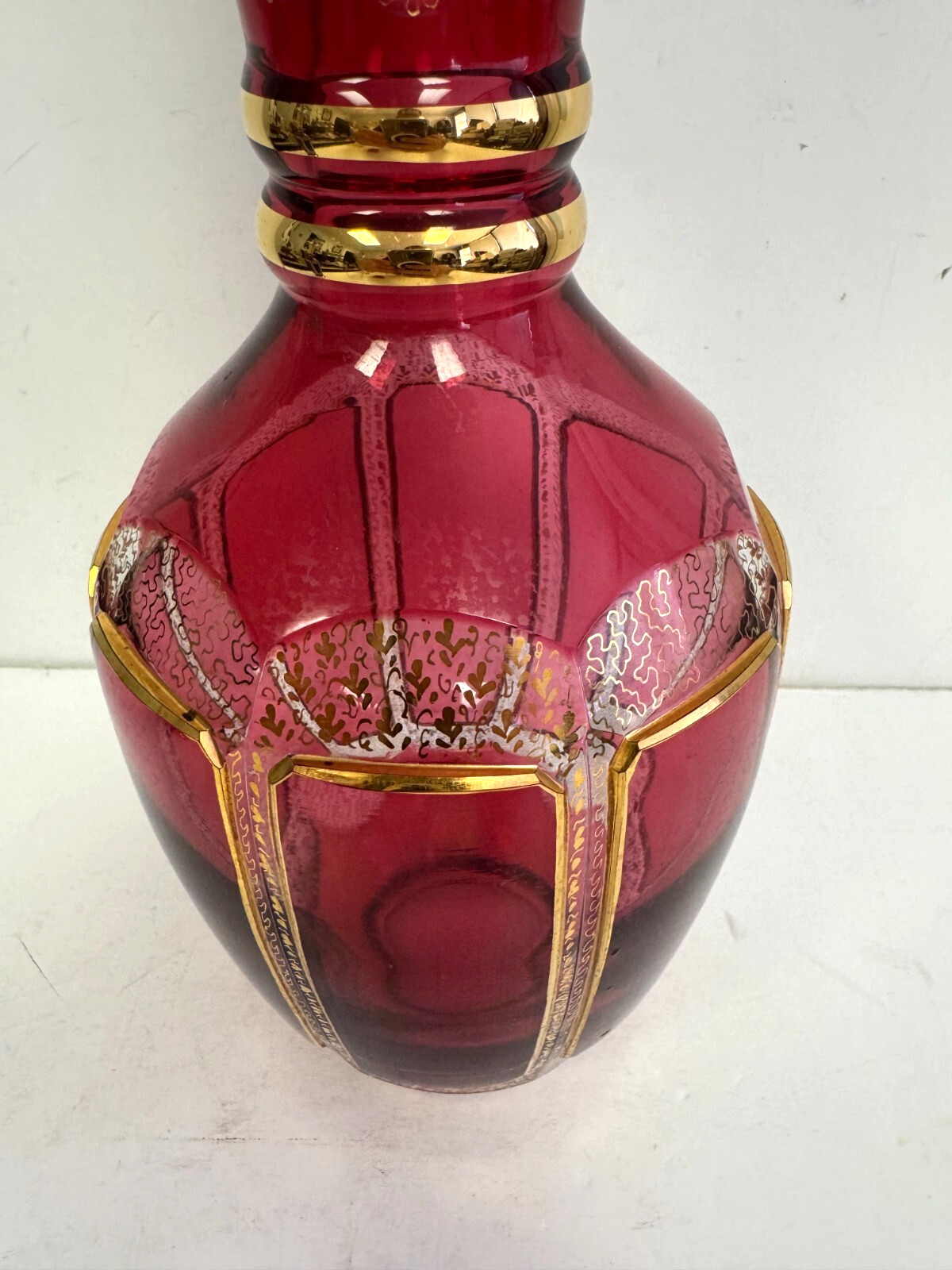 Vintage Bohemian Cranberry Crystal Decanter 18.25" H w/Gold Accents Moser?