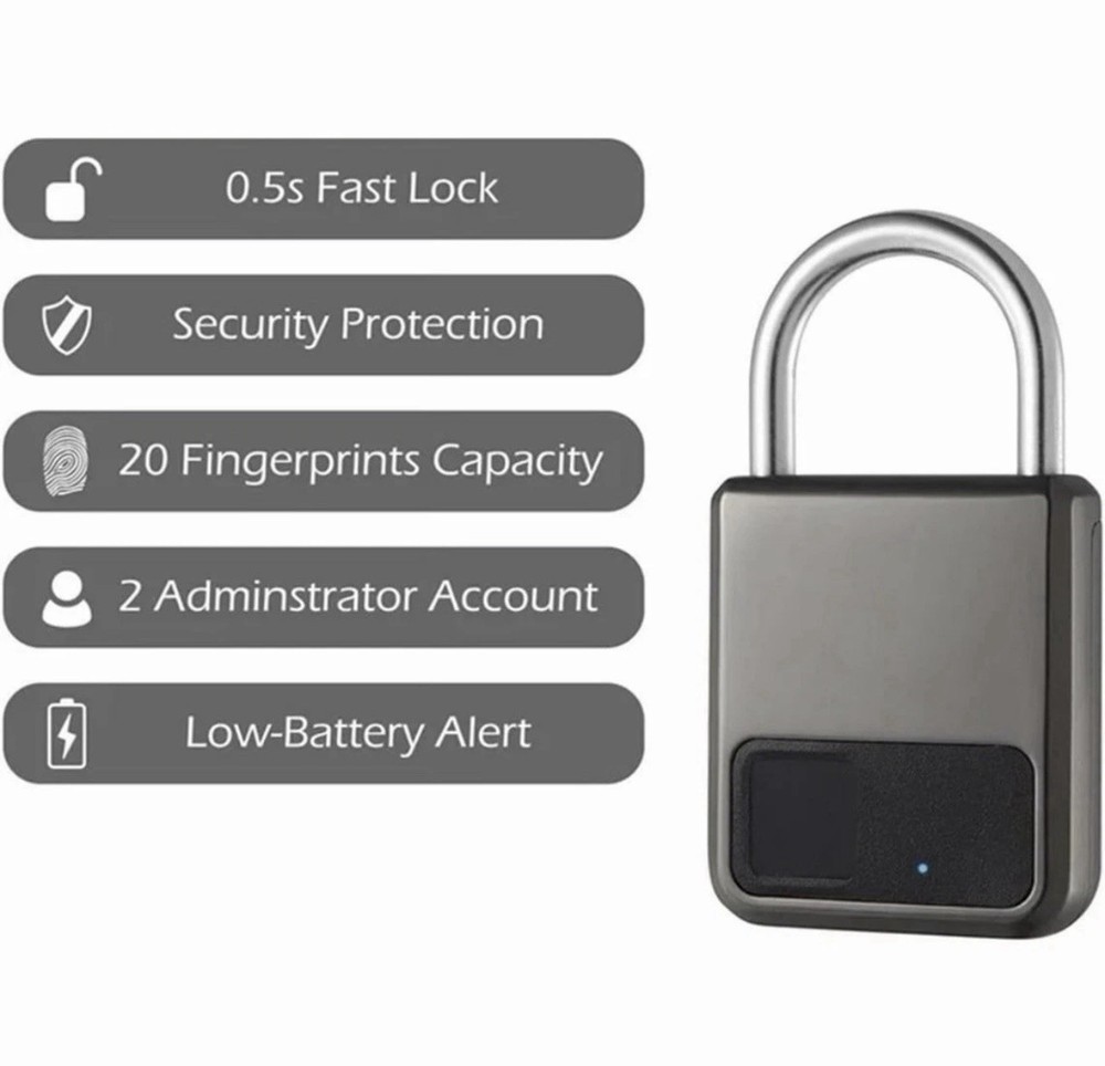 Smart Fingerprint Padlock, 20 Fingerprints, App Compatible, Security