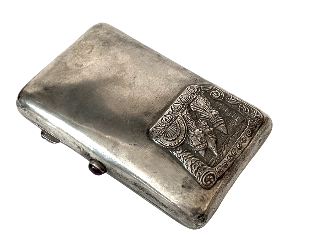 A RUSSIAN 84 SILVER CIGARETTE CASE WITH AMETHYST BUTTON BY SAZIKOV