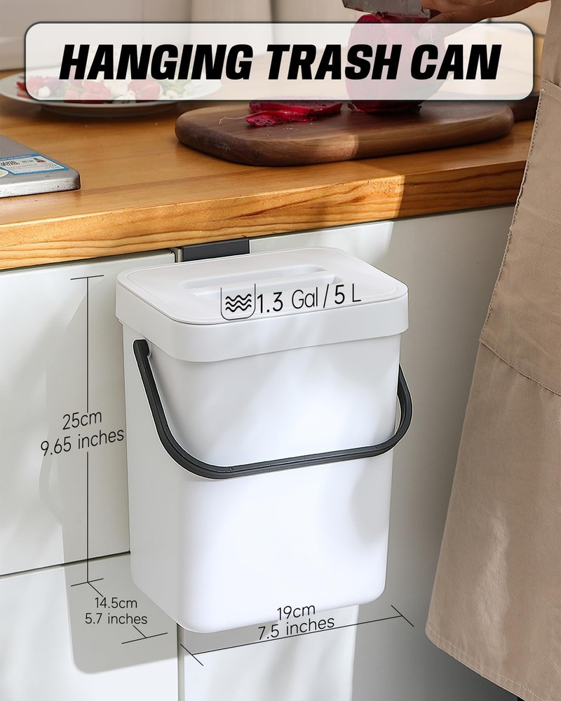 Indoor Compost Bin - 1.3 Gallons Hanging Small Trash Can with Lid for Kitchen...