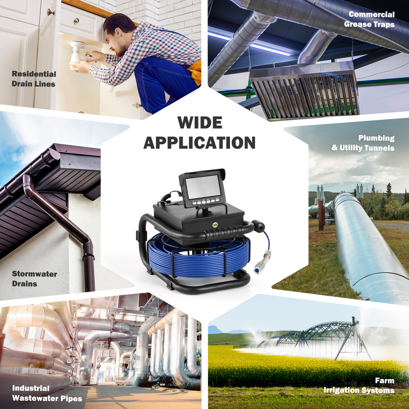 98ft/30m Sewer Camera HD Drain 4.3" LCD Monitor 1000 TVL Pipe Inspection Camera