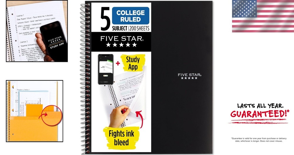 5 Subject Spiral Notebook with Study App – Durable & Water Resistant, 200 Sheets
