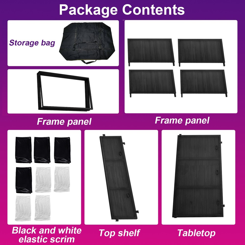DJ Facade Booth Table Panel Black Metal Frame Foldable White &Black